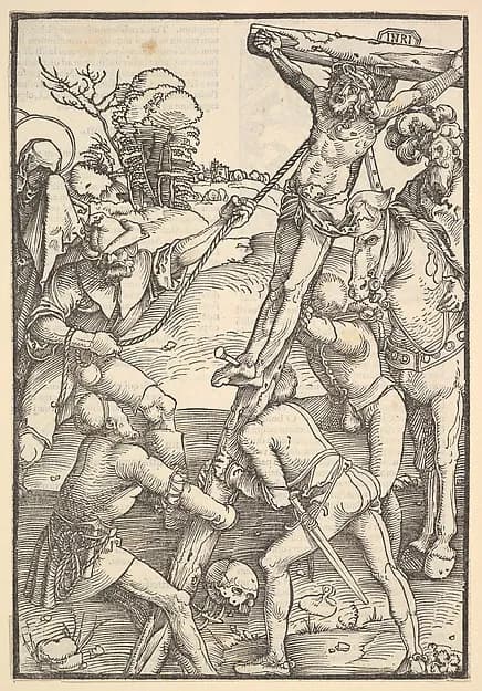 The Raising of the Cross; verso: The Raising of the Cross, from Speculum Passionis Domini Nostri Ihesu Christi by Hans Baldung Grien depicting Matthew 27