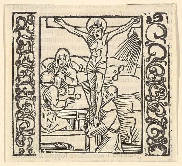 Crucifixion by a table, illustration from Speculum Passionis, 1507 by Hans Baldung Grien depicting Matthew 27