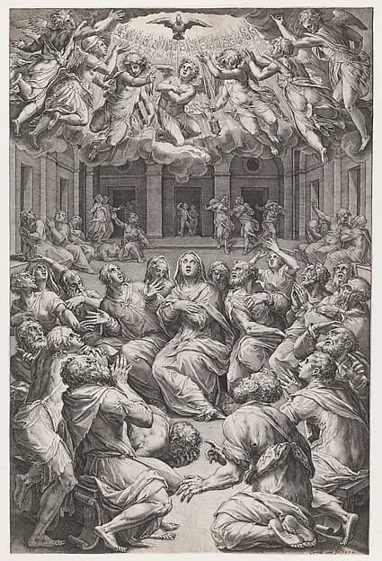 The Pentecost by Cornelis Cort depicting Acts 2