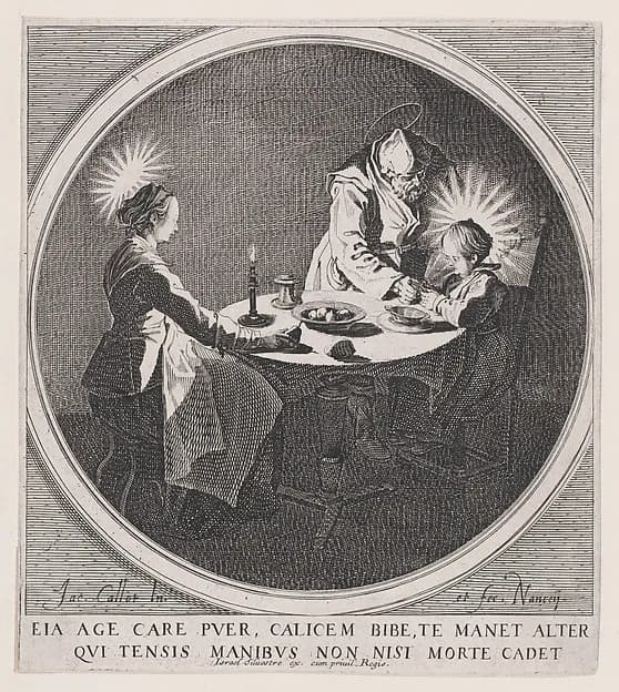 Le Benedicite, estampe appelée aussi La Sainte Famille a Table et St. Joseph Faisant Boire L'Enfant Jésus (The Grace, also called The Holy Family at the Table and St. Joseph Giving the Christ Child a Drink) by Jacques Callot depicting Luke 2