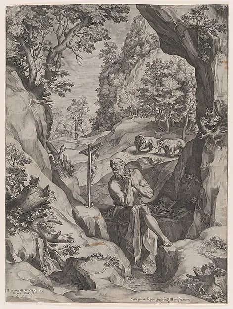 St Jerome Penitent in the Wilderness by Cornelis Cort depicting Romans 8