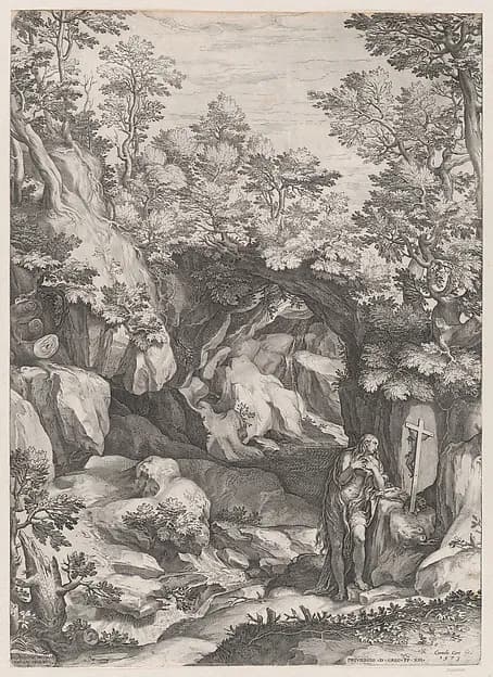 Mary Magdalen Repentant in the Wilderness by Cornelis Cort depicting Luke 7