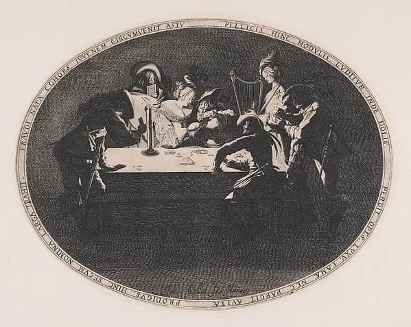 Le Brelan, pièce appelée aussi Les Joueurs de Cartes et L'Enfant Produgue Trompé par une Troupe de Filous (Three of a Kind, also called The Card Players and The Prodigal Son Tricked by a Group of Thieves) by Jacques Callot depicting Luke 15