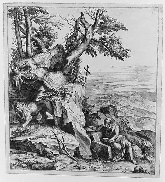 St Jerome in the Desert by Cornelis Cort depicting Romans 8