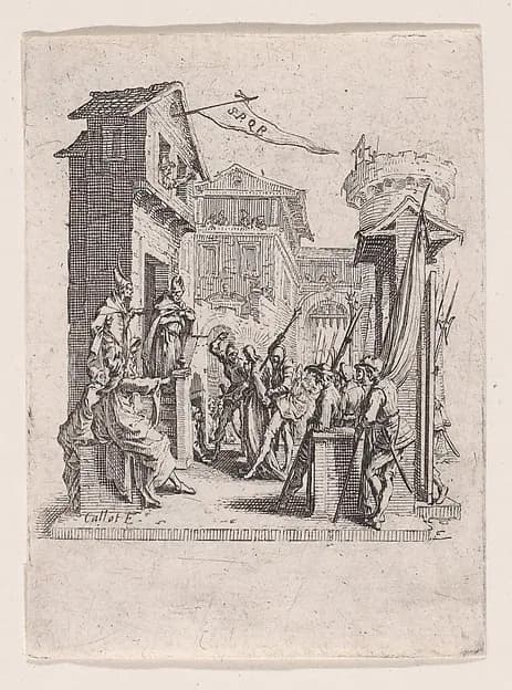 Jésus Comparait Devant Caiphe (Jesus Appears Before Caiaphas), from "La Petite Passion" (The Little Passion) by Jacques Callot depicting John 1