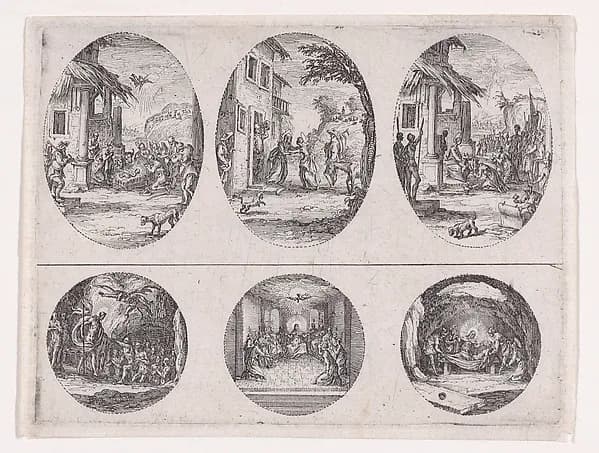 Two Oval Medallions and Two Rondels, from "Variae tum Passionis Christi tum vitae beatae Mariae Virginis; Les Mystères de la Passion suite appelée aussi Mystères de la Vie de Jésus et Mystères de la Vie de Jésus et de la Vie de la Ste. Vierge" (The Mysteries of the Passion, also called the Mysteries of the Life of Jesus, and the Mysteries of the Life of Jesus and of the Virgin) by Jacques Callot depicting John 1