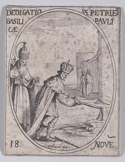 Dédicace des Basiliques S. Pierre et S. Paul (Dedication of Basilicas St. Peter and St. Paul), November 18th, from "Les Images De Tous Les Saincts et Saintes de L'Année" (Images of All of the Saints and Religious Events of the Year) by Jacques Callot depicting Matthew 4