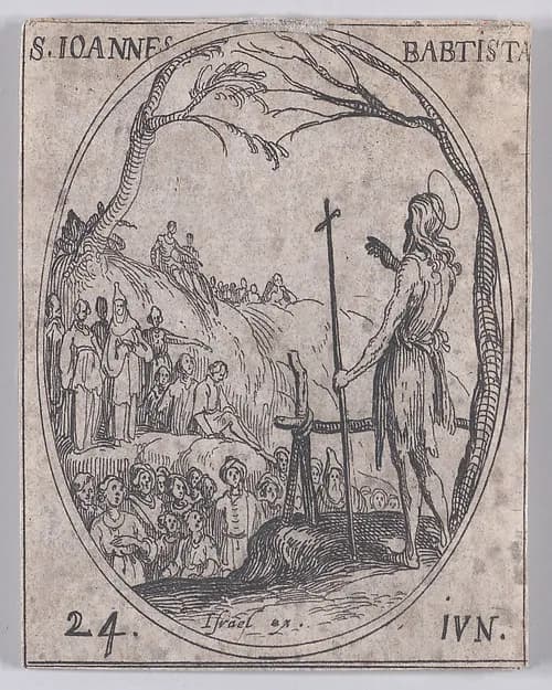 S. Jean Baptiste (St. John the Baptist), June 24th, from "Les Images De Tous Les Saincts et Saintes de L'Année" (Images of All of the Saints and Religious Events of the Year) by Jacques Callot depicting Matthew 3