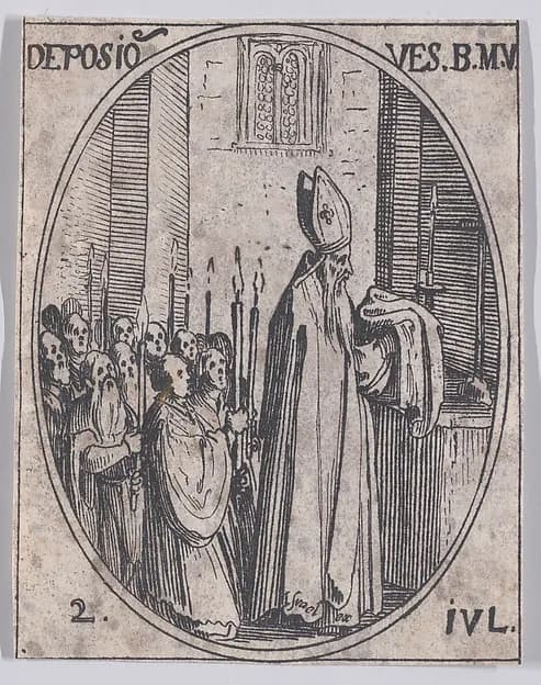 La Déposition des Vêtements de la Sainte Vierge (The Deposition of the Virgin's Clothes), July 2nd, from "Les Images De Tous Les Saincts et Saintes de L'Année" (Images of All of the Saints and Religious Events of the Year) by Jacques Callot depicting Mark 15