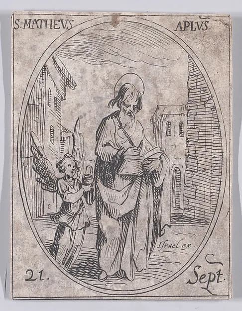 S. Mathieu, apôtre (St. Matthew, Apostle), September 21st, from "Les Images De Tous Les Saincts et Saintes de L'Année" (Images of All of the Saints and Religious Events of the Year) by Jacques Callot depicting Matthew 1