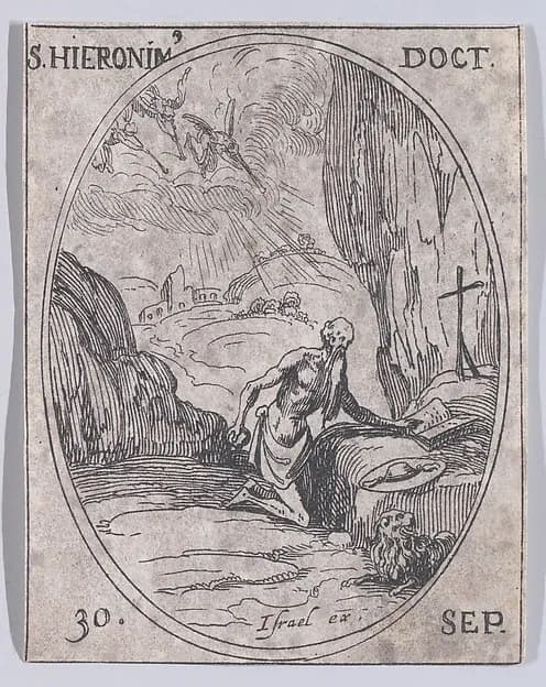 S. Jérôme, docteur (St. Jerome, Doctor), September 30th, from "Les Images De Tous Les Saincts et Saintes de L'Année" (Images of All of the Saints and Religious Events of the Year) by Jacques Callot depicting Romans 8