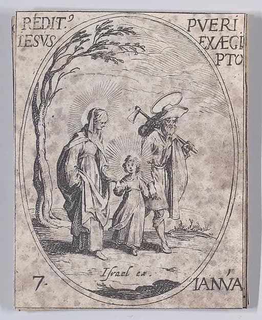 Le Retour d'Egypte (The Return from Egypt), January 7th, from "Les Images De Tous Les Saincts et Saintes de L'Année" (Images of All of the Saints and Feast Days of the Year) by Jacques Callot depicting Luke 2