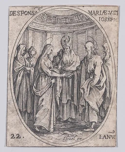 Le Mariage de la Ste. Vierge (The Marriage of the Virgin), January 22nd, from "Les Images De Tous Les Saincts et Saintes de L'Année" (Images of All of the Saints and Feast Days of the Year) by Jacques Callot depicting Luke 1