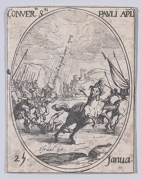 La Conversion de S. Paul (The Conversion of St. Paul), January 25th, from "Les Images De Tous Les Saincts et Saintes de L'Année" (Images of All of the Saints and Feast Days of the Year) by Jacques Callot depicting Acts 9