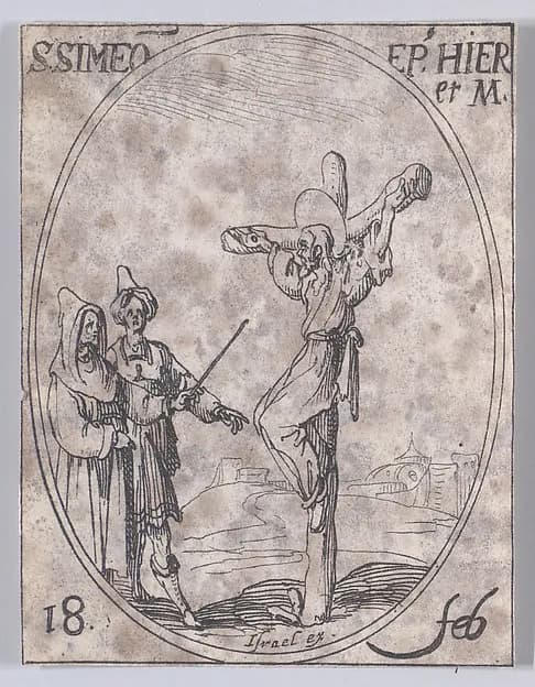 S. Siméon, évêque de Jérusalem, martyr (St. Simeon, Bishop of Jerusalem, Martyr), February 18th, from "Les Images De Tous Les Saincts et Saintes de L'Année" (Images of All of the Saints and Religious Events of the Year) by Jacques Callot depicting Matthew 27