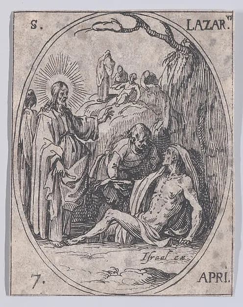 S. Lazare (St. Lazarus), April 7th, from "Les Images De Tous Les Saincts et Saintes de L'Année" (Images of All of the Saints and Religious Events of the Year) by Jacques Callot depicting John 11