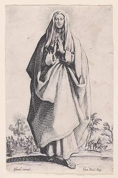 The Virgin Mary, from "Les Grands Apôtres Debout, Représentant Le Sauveur, La Bienheureuse Marie et Les Saints Apôtres" (The Large Standing Apostles, Representing The Savior, The Blessed Mary and The Apostles) by Jacques Callot depicting Luke 1