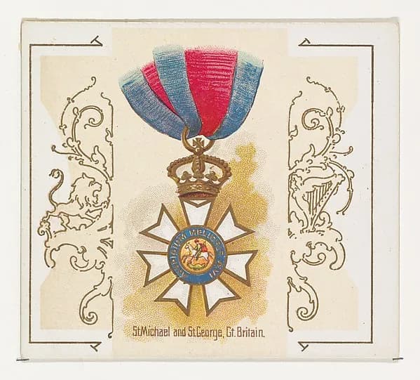 Saint Michael and Saint George, Great Britain, from the World's Decorations series (N44) for Allen & Ginter Cigarettes by Allen & Ginter depicting Revelation 12