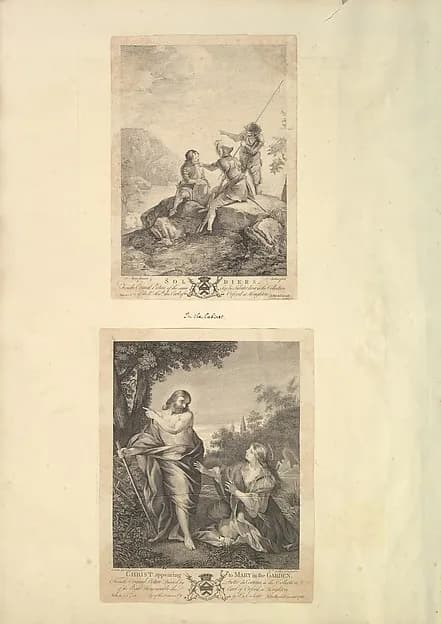 Leaf from Aedes Walpolianae mounted with two prints: (a): Three Soldiers; (b): Christ Appearing to Mary in the Garden by Richard Earlom depicting John 1