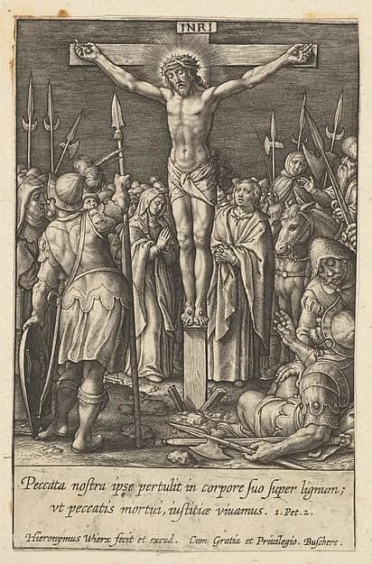 Christ Crucified by Hieronymus (Jerome) Wierix depicting Matthew 27