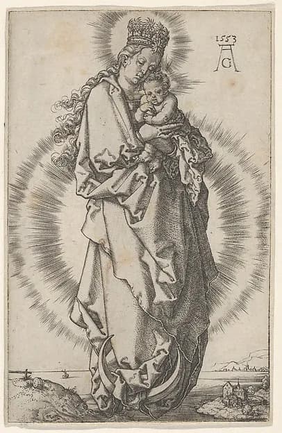 The Virgin and Child on a Crescent Moon by Heinrich Aldegrever depicting Luke 2