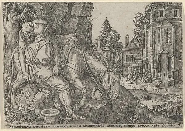The Good Samaritan Putting the Traveller on His Donkey, from "The Parable of the Good Samaritan" by Heinrich Aldegrever depicting Luke 10