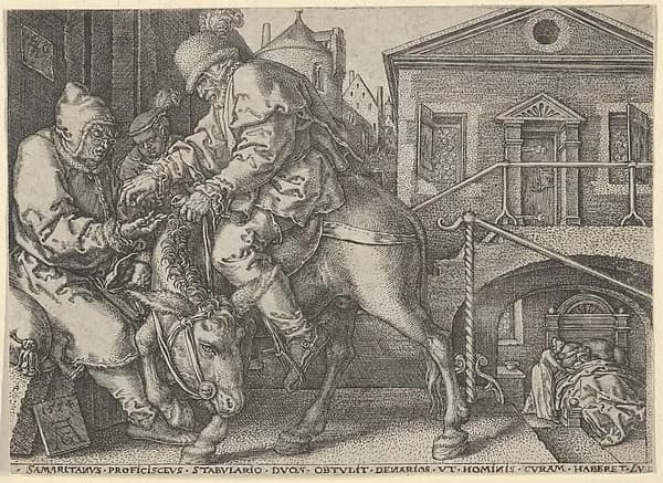 The Good Samaritan Paying the Innkeeper for the Care of the Wounded Man, from "The Parable of the Good Samaritan" by Heinrich Aldegrever depicting Luke 10