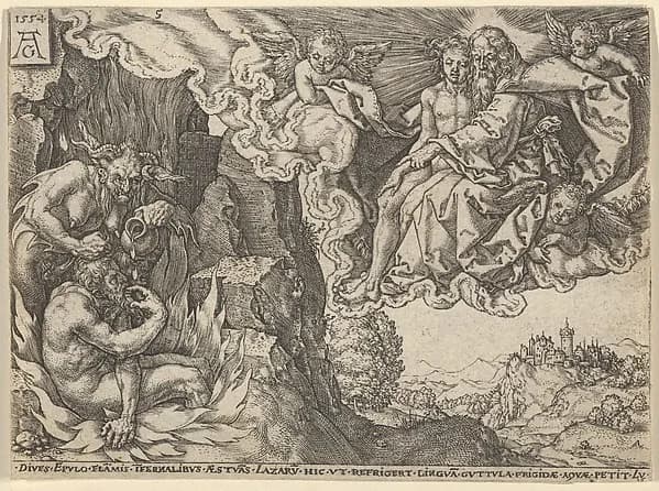 The Rich Man in Hell, Seeing Lazarus Embraced by Abraham, from "The Parable of the Rich Man and Lazarus" by Heinrich Aldegrever depicting Genesis 18
