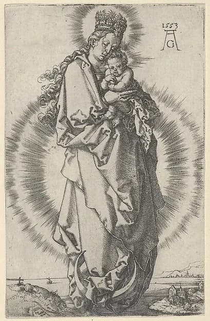 The Virgin and Child on a Crescent Moon by Heinrich Aldegrever depicting Luke 2