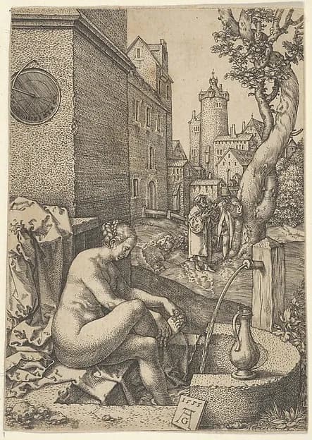 Susanna Surprised by the Elders, from The Story of Susanna by Heinrich Aldegrever depicting Daniel 13