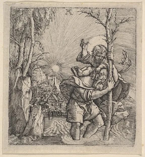 Saint Christopher Carrying the Christ Child by Albrecht Altdorfer depicting Luke 2