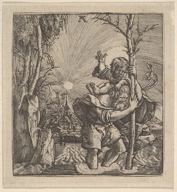 Saint Christopher Carrying the Christ Child by Albrecht Altdorfer depicting Luke 2
