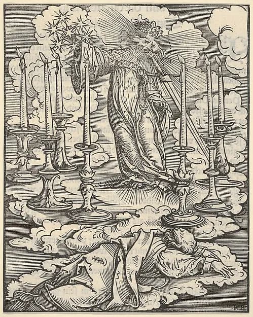 John Perceiving the Seven Candlesticks, plate 1 from "The Apocalypse" by Hans Burgkmair depicting Matthew 3