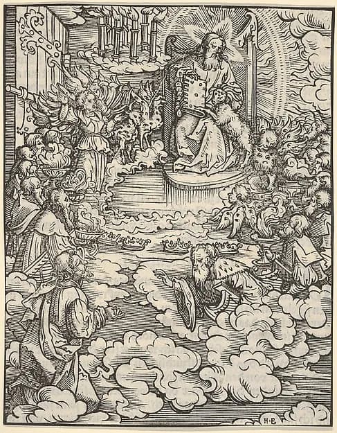 The Lord on the Throne Surrounded by Four Evangelists, plate 2 from "The Apocalypse" by Hans Burgkmair depicting Revelation 1