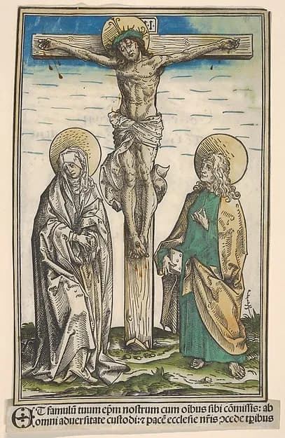 Christ on the Cross with the Virgin and Saint John, from the Passau Missal (Missale Pataviense) by Hans Burgkmair depicting Matthew 3
