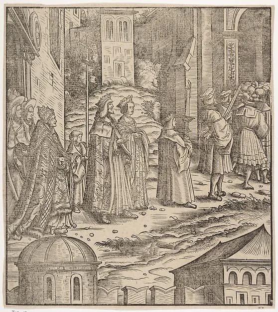 Procession of the Married Emperor, His Wife and The Pope from Saint Peter's Church, from Der Weisskunig by Hans Burgkmair depicting Matthew 4