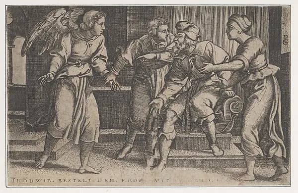 Tobias and the Archangel Raphael, from The Story of Tobias by Georg Pencz depicting Tobit 6
