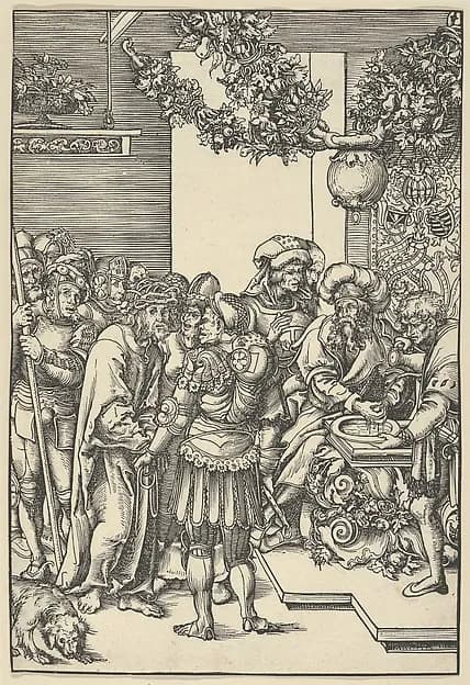 Pilate washing his hands, from The Passion by Lucas Cranach the Elder depicting John 1