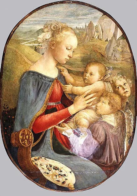 Madonna and Child with Two Angels by Botticelli depicting Luke 2