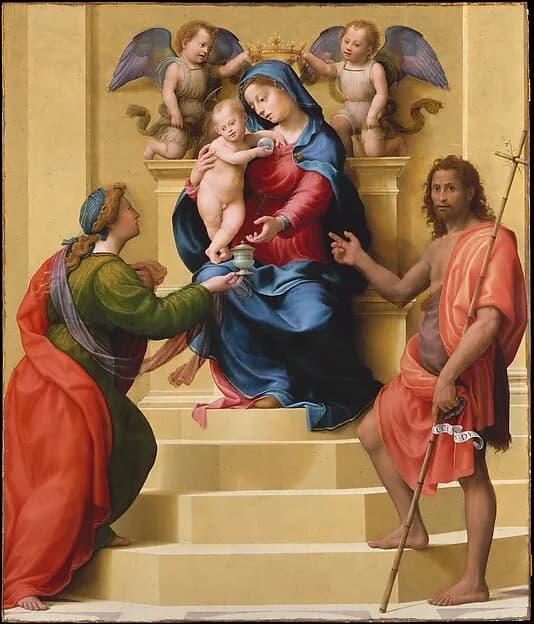 Madonna and Child Enthroned with Saints Mary Magdalen and John the Baptist by Giuliano di Piero di Simone Bugiardini depicting Matthew 3