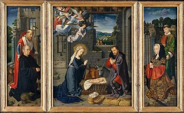 The Nativity with Donors and Saints Jerome and Leonard by Gerard David depicting Luke 2
