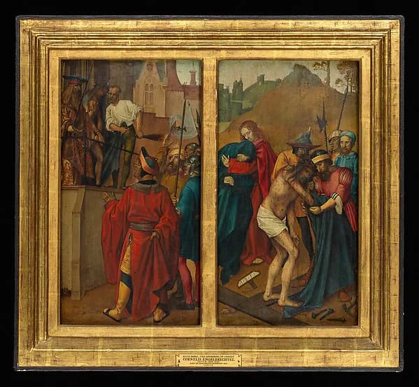 Ecce Homo, (reverse) Christ Blessing; The Disrobing of Christ, (reverse) Saint John the Baptist by Cornelis Engebrechtsz depicting Matthew 3