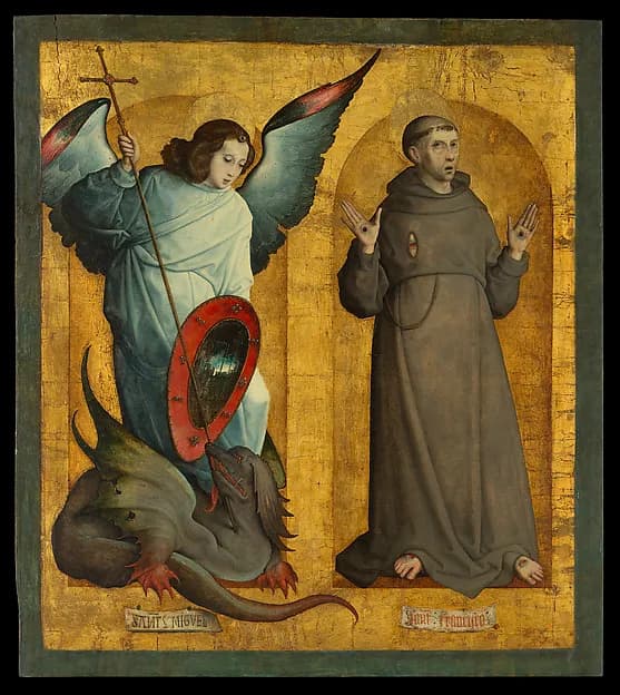 Saints Michael and Francis by Juan de Flandes depicting Revelation 12