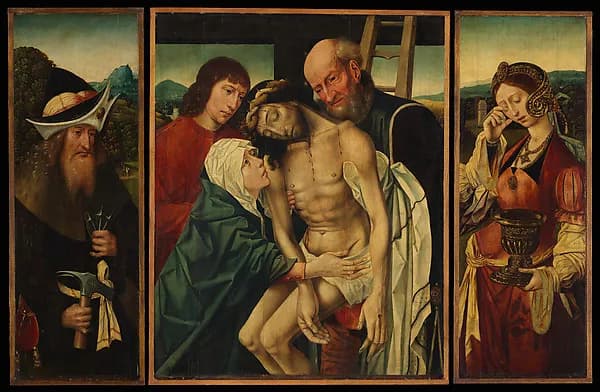 The Descent from the Cross by Master of the Holy Blood depicting Revelation 1