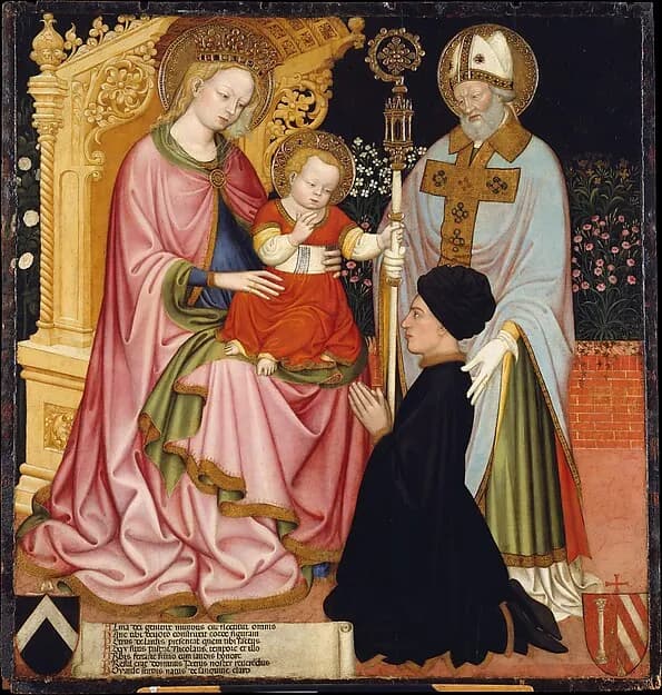 Madonna and Child with the Donor, Pietro de' Lardi, Presented by Saint Nicholas by Master G.Z. (possibly Michele dai Carri, Italian, Ferrara, active by 1405–died 1441 Ferrara) depicting Luke 2