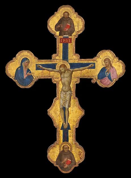 Crucifix by Master of the Orcagnesque Misericordia depicting Matthew 5
