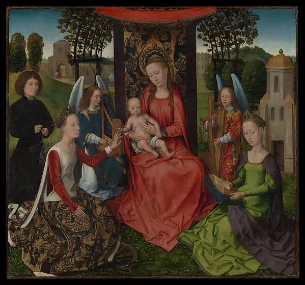 Virgin and Child with Saints Catherine of Alexandria and Barbara by Hans Memling depicting Romans 8