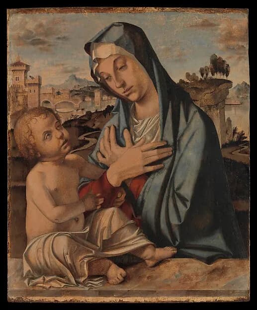 Madonna Adoring the Child by Bartolomeo Montagna (Bartolomeo Cincani) depicting Luke 2
