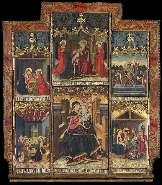 Virgin and Child Enthroned with Scenes from the Life of the Virgin by Morata Master depicting Luke 2