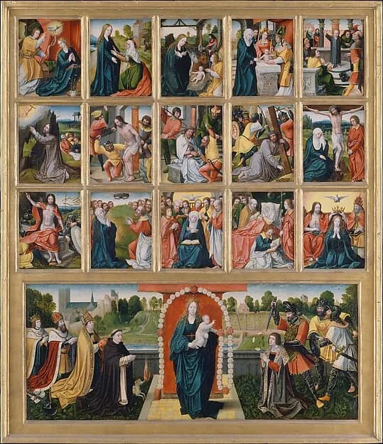 The Fifteen Mysteries and the Virgin of the Rosary by Netherlandish (Brussels) Painter depicting Luke 1